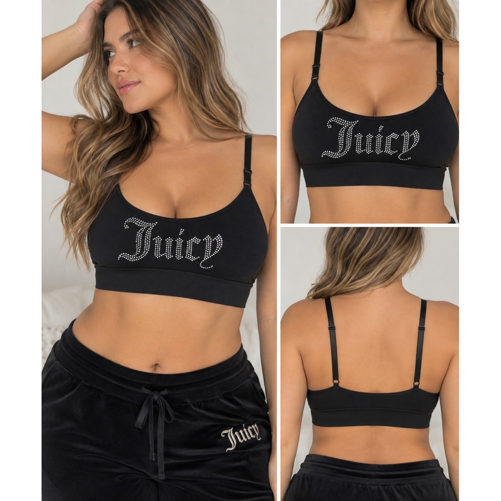 Juicy Couture Black Rhinestone Logo Bralette 1X Intimates 6995-49